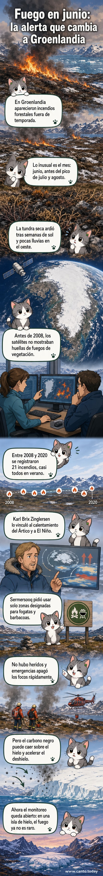Ilustración de un paisaje ártico con humo en el horizonte, vegetación seca ardiendo cerca de Sisimiut, Groenlandia, bajo un cielo despejado.