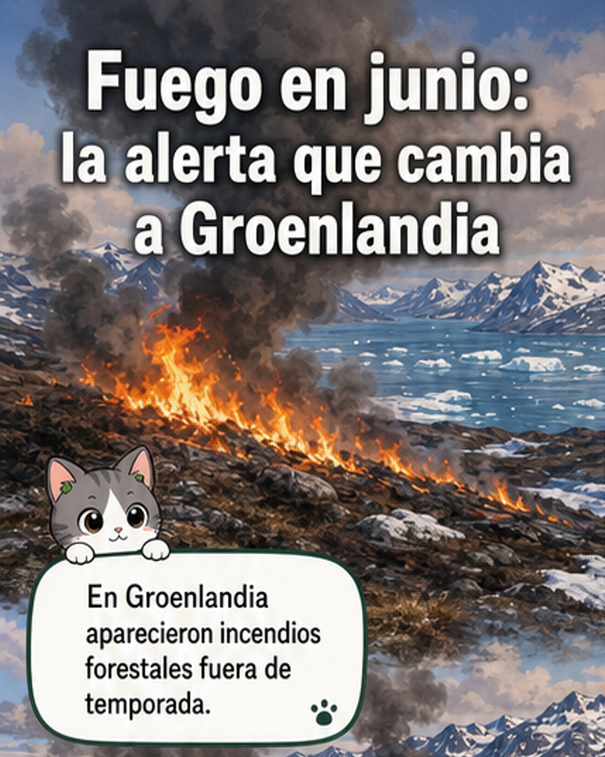 Ilustración de un paisaje ártico con humo en el horizonte, vegetación seca ardiendo cerca de Sisimiut, Groenlandia, bajo un cielo despejado.