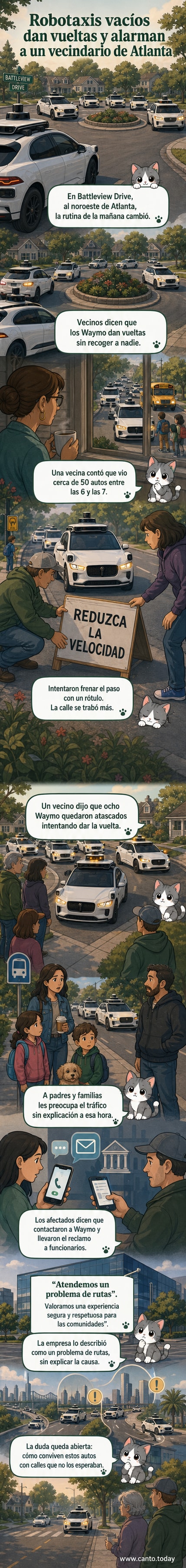 Fila de robotaxis de Waymo detenidos en un redondel residencial en Atlanta, con luces intermitentes encendidas y una alerta sonora activada.