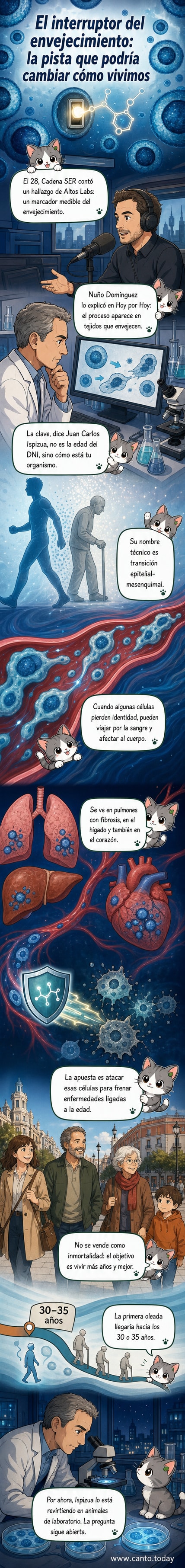 Ilustración de una célula humana con marcadores de envejecimiento, mostrando el proceso de transición epitelial-mesenquimal en un entorno biológico estilizado.