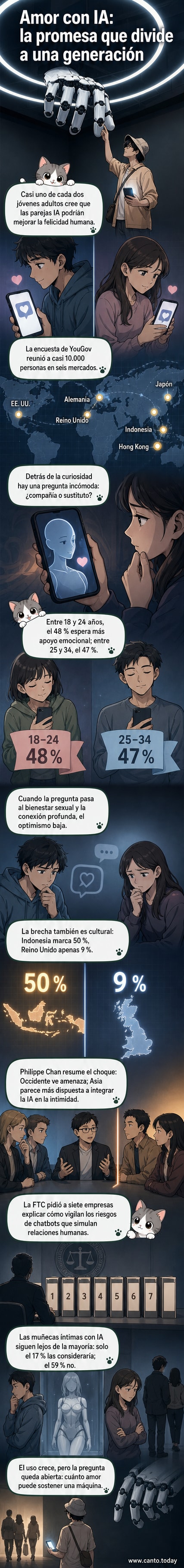 Ilustración de una pareja humana y un chatbot conversando, con un robot en segundo plano, simbolizando el futuro de las relaciones con inteligencia artificial.