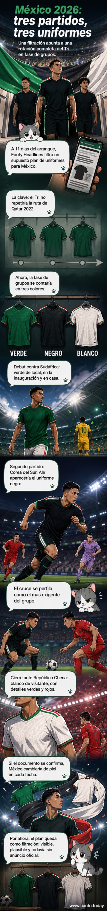 Ilustración del Tri en tres uniformes distintos: verde, negro y blanco, con escenarios de estadios del Mundial 2026 de fondo.