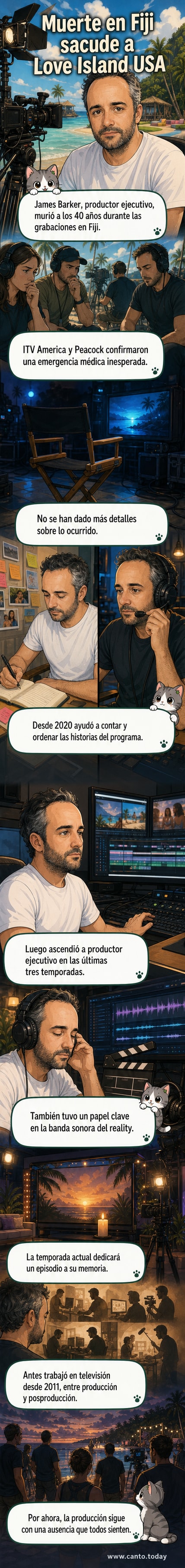 Retrato de James Barker, productor ejecutivo de 'Love Island USA', con créditos del programa en pantalla.