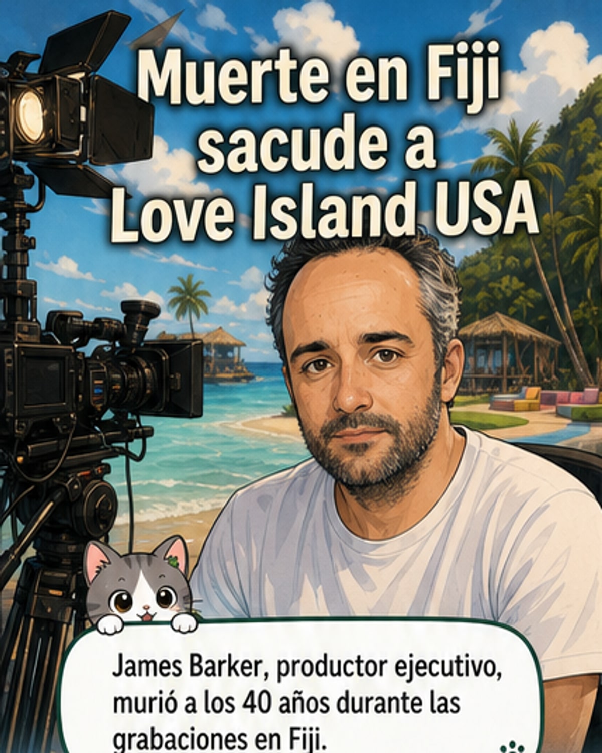 Retrato de James Barker, productor ejecutivo de 'Love Island USA', con créditos del programa en pantalla.