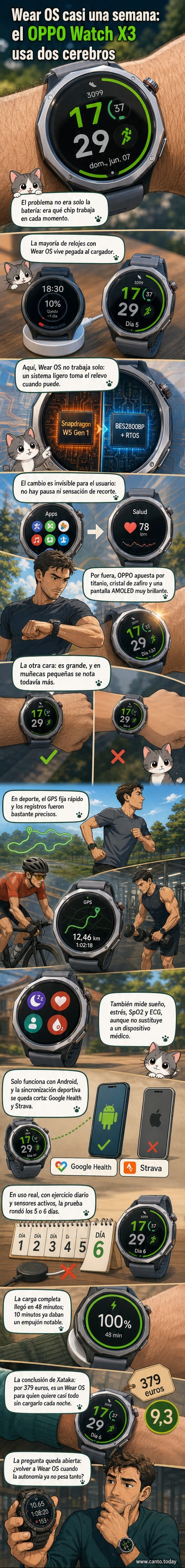 Ilustración de un reloj inteligente OPPO Watch X3 en muñeca, mostrando su diseño circular con bisel de doce caras, pantalla brillante y correa de eslabones metálicos.