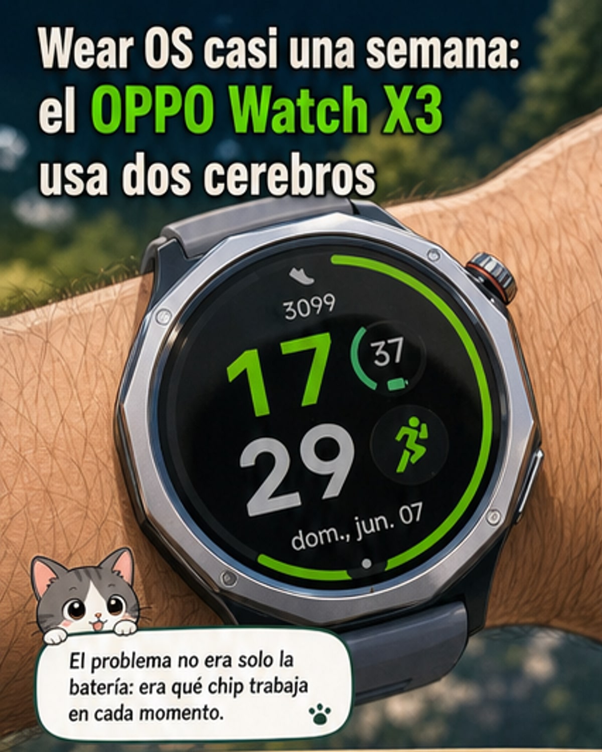 Ilustración de un reloj inteligente OPPO Watch X3 en muñeca, mostrando su diseño circular con bisel de doce caras, pantalla brillante y correa de eslabones metálicos.