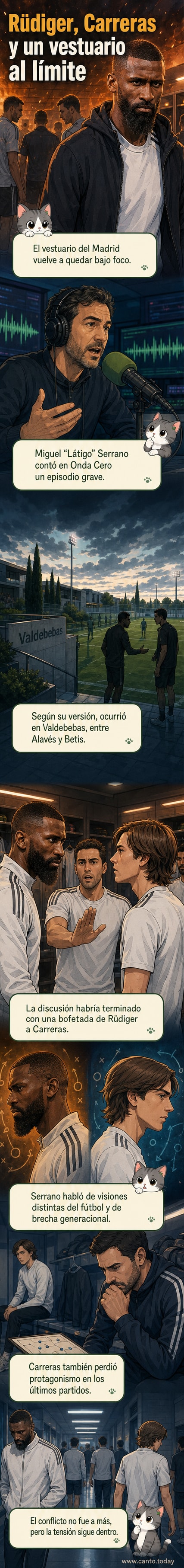 Ilustración de dos jugadores de fútbol discutiendo en un vestuario, uno levanta la mano como si diera una bofetada, con expresiones de tensión y otros compañeros mirando de fondo.