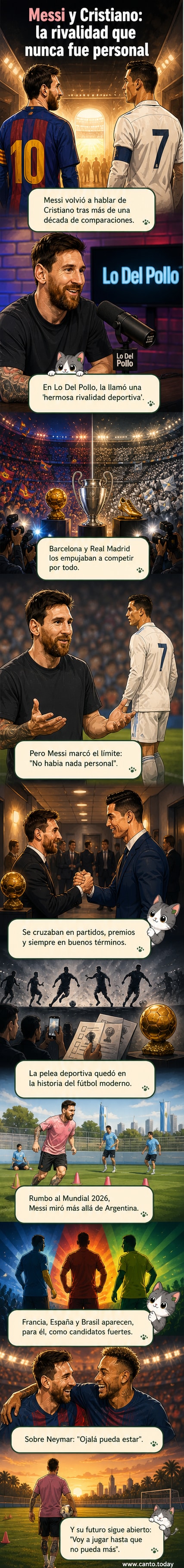 Ilustración de Lionel Messi y Cristiano Ronaldo enfrentándose en cancha con gestos respetuosos, con los colores de Argentina y Portugal al fondo.