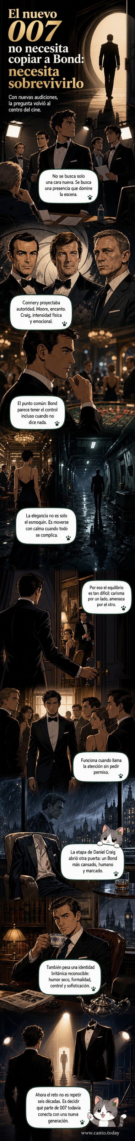 Ilustración estilizada de un esmoquin negro con el número 007 en rojo, simbolizando la búsqueda del próximo James Bond.