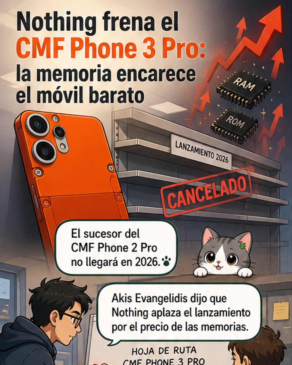 Ilustración de un smartphone CMF roto por la mitad, con chips de memoria RAM cayendo y una etiqueta de precio con un signo de interrogación gigante.
