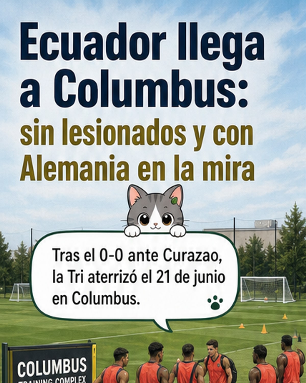 Jugadores de la Selección de Ecuador en círculo orando en el campo de entrenamiento en Columbus, bajo un cielo nublado.
