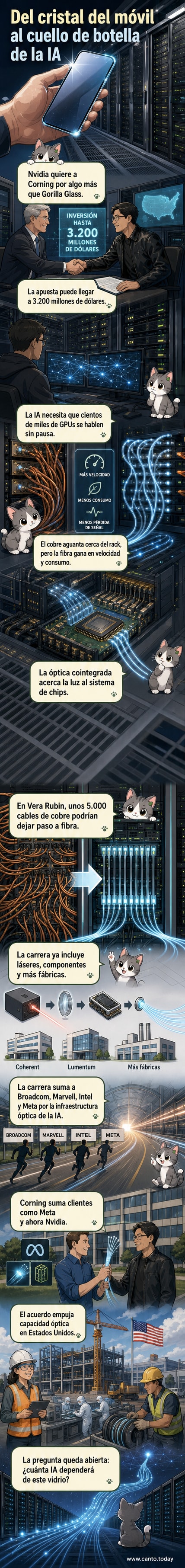 Ilustración de un centro de datos con conexiones de fibra óptica integradas en sistemas de chips Nvidia, junto a paneles que muestran la transición del cobre a la fibra y la expansión de fábricas de Corning en EE.UU.