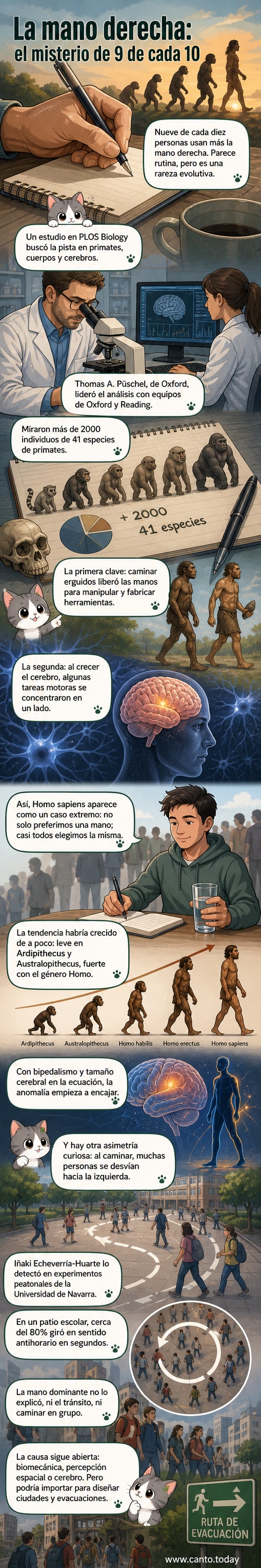Ilustración de un humano caminando erguido con una mano derecha destacada y un cerebro lateralizado, junto a un grupo de personas moviéndose en círculo hacia la izquierda.