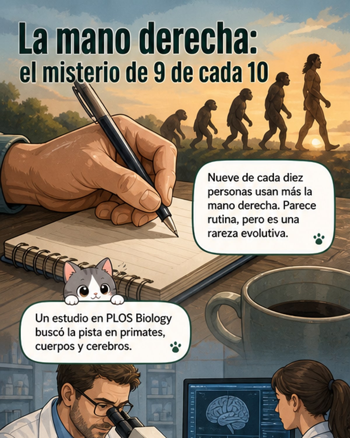 Ilustración de un humano caminando erguido con una mano derecha destacada y un cerebro lateralizado, junto a un grupo de personas moviéndose en círculo hacia la izquierda.