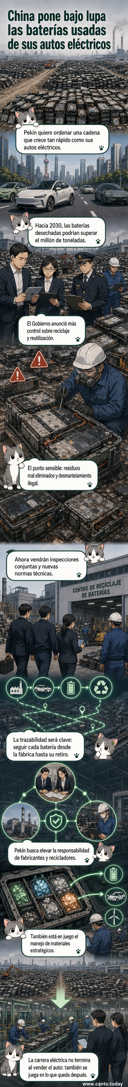 Ilustración de una batería de vehículo eléctrico con símbolos digitales de rastreo y un fondo de fábrica y montañas, representando la regulación, tecnología y sostenibilidad en el reciclaje en China.