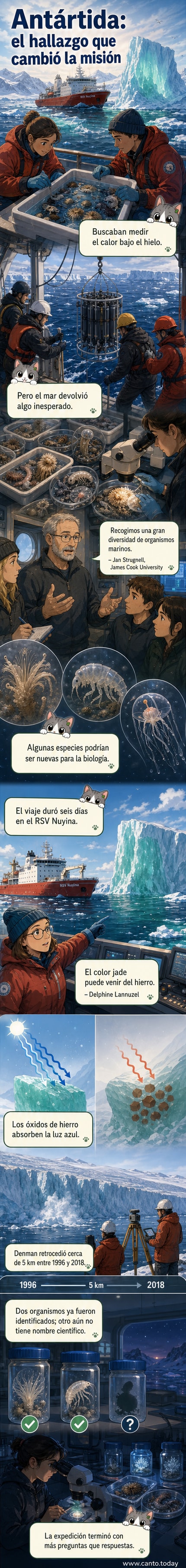 Ilustración de científicos en un rompehielos antártico observando criaturas marinas bioluminiscentes a través de un sumergible, con un iceberg verde al fondo.