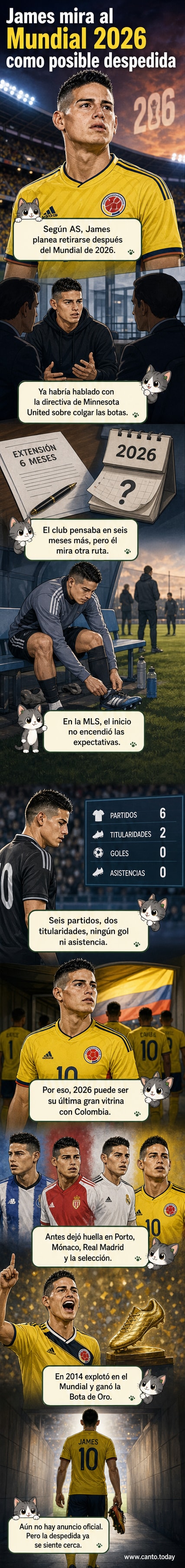 Ilustración de James Rodríguez con la camiseta de Colombia, despidiéndose en un estadio vacío con el trofeo del Mundial 2014 en el fondo.