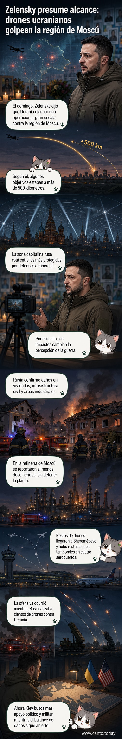 Bomberos trabajan entre los restos de una vivienda dañada tras un ataque con drones en la región de Moscú.