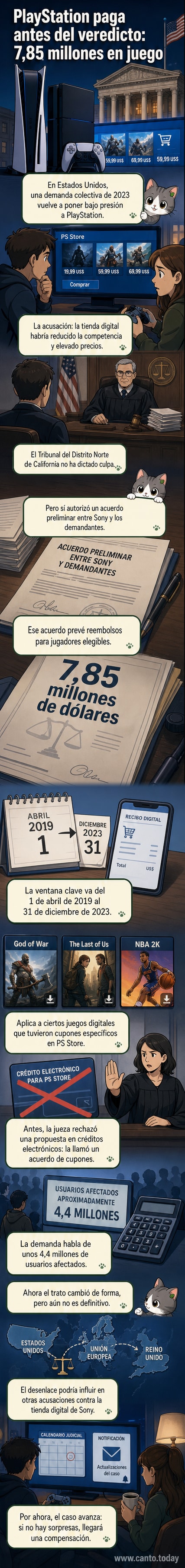 Ilustración de un control de PlayStation roto con símbolos de dinero y documentos legales flotando alrededor, representando una demanda colectiva.