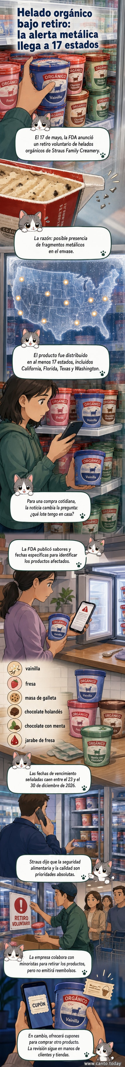 Ilustración de un helado con una etiqueta de advertencia y fragmentos metálicos visibles en el envase, con fondo de supermercado.