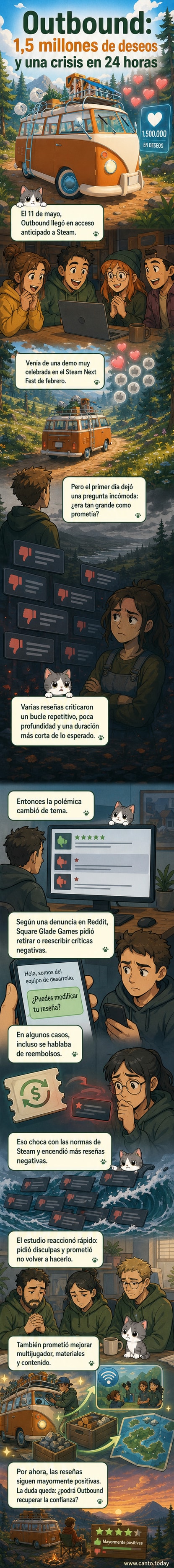 Pantalla de inicio del juego Outbound con interfaz de Steam mostrando reseñas positivas y negativas, y un mensaje de la desarrolladora pidiendo cambios.
