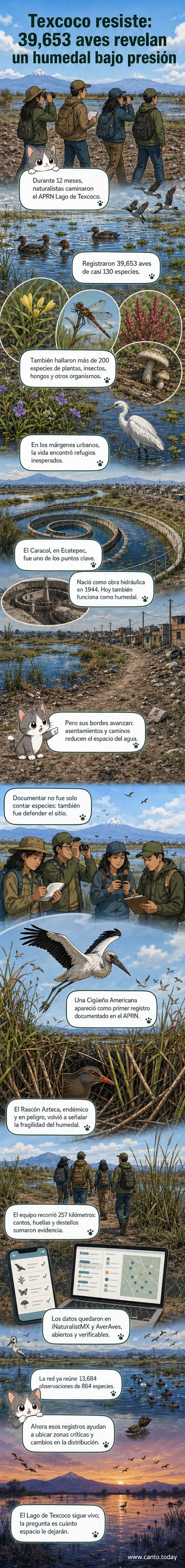 Ilustración de un humedal al atardecer con aves migratorias, observadores con binoculares y plantas acuáticas, en las afueras de la Ciudad de México.