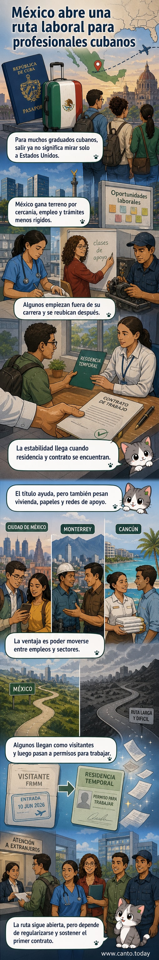 Ilustración de un profesional cubano, maletín en mano, mirando hacia una ciudad mexicana con rascacielos y hospitales, mientras banderas de Cuba y México ondean en segundo plano.