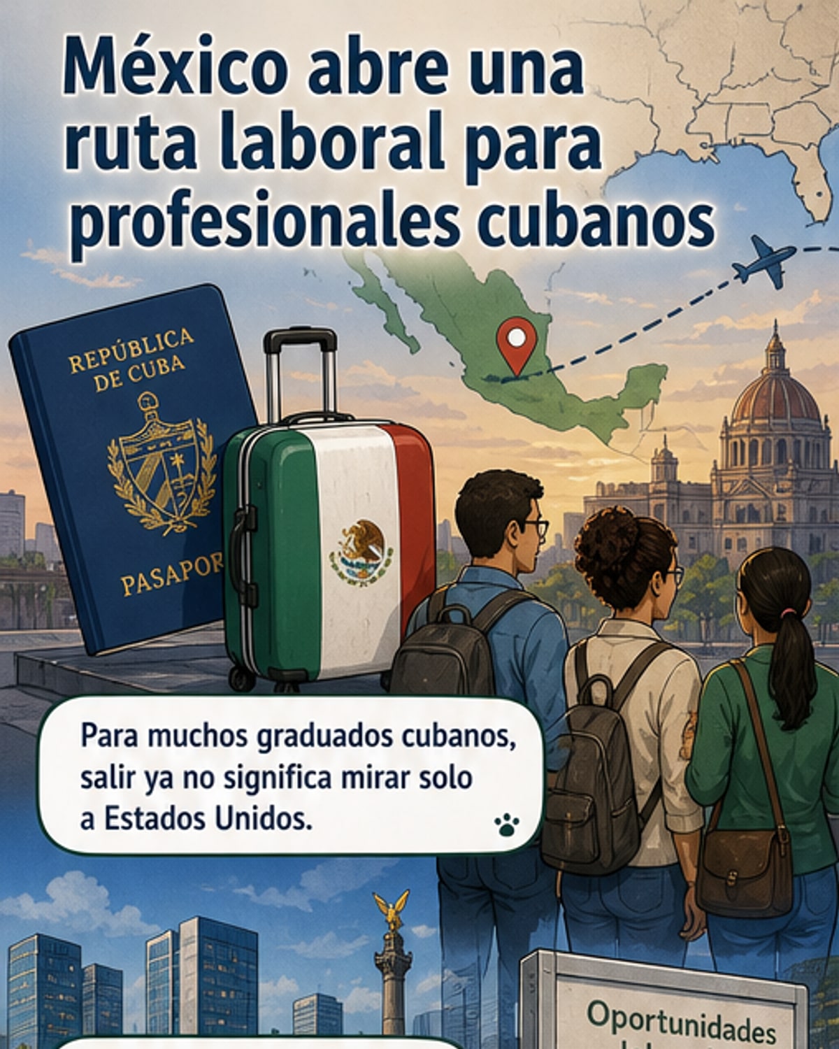 Ilustración de un profesional cubano, maletín en mano, mirando hacia una ciudad mexicana con rascacielos y hospitales, mientras banderas de Cuba y México ondean en segundo plano.