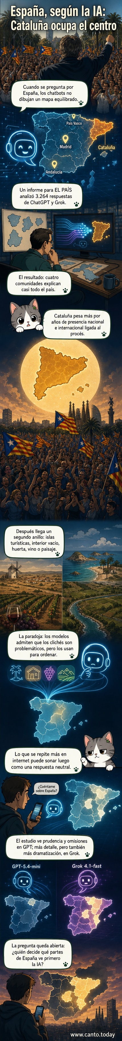 Ilustración de un mapa de España fragmentado en bloques desiguales, con Cataluña, Madrid, Andalucía y País Vasco más grandes y brillantes, mientras otras regiones se desvanecen en sombras con etiquetas como 'turismo' o 'vino'.