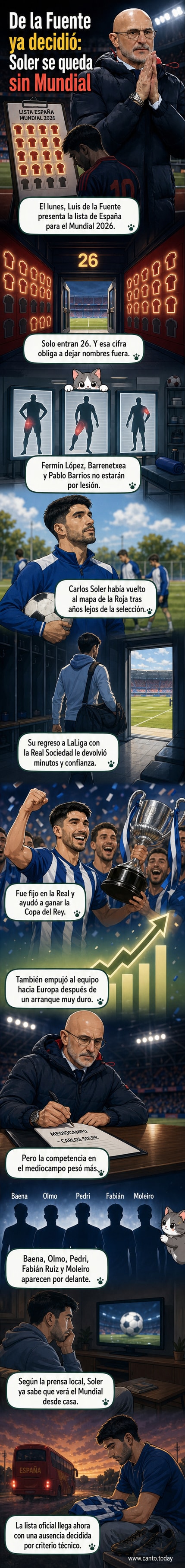 Ilustración de Carlos Soler mirando hacia un estadio vacío con la camiseta de España en la mano, simbolizando su ausencia en el Mundial 2026.