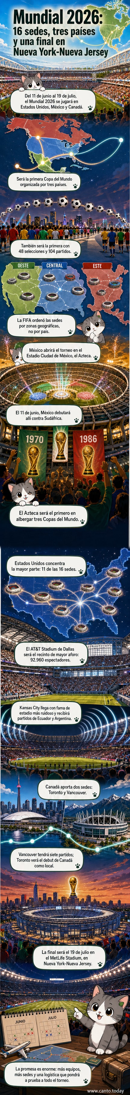 Mapa con las 16 sedes del Mundial 2026 en EE.UU., México y Canadá, destacando el Estadio Azteca y el MetLife Stadium