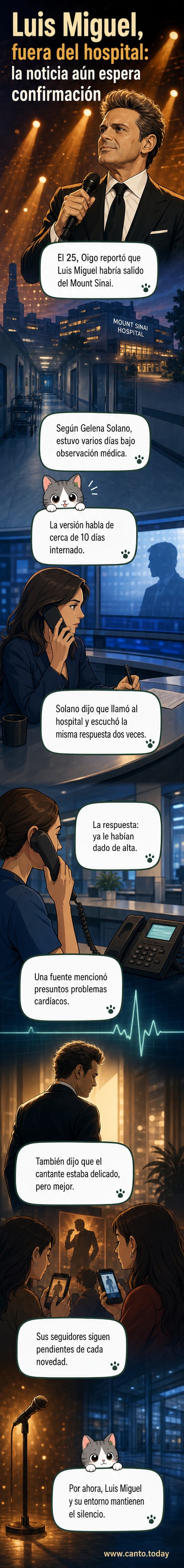 Ilustración de Luis Miguel saliendo de un hospital, con expresión seria y seguido por médicos.