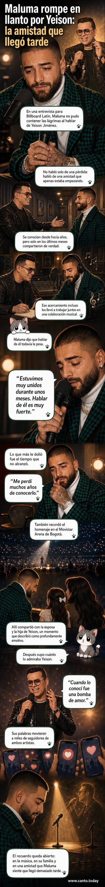 Ilustración de Maluma con expresión conmovida, recordando a Yeison Jiménez durante una entrevista, con fondo de escenario musical y notas musicales.
