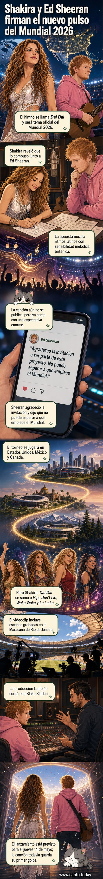 Shakira y Ed Sheeran aparecen juntos en un escenario futurista con globos terráqueos y luces de estadio, mientras tocan instrumentos y celebran la canción 'Dai Dai' como himno del Mundial 2026.