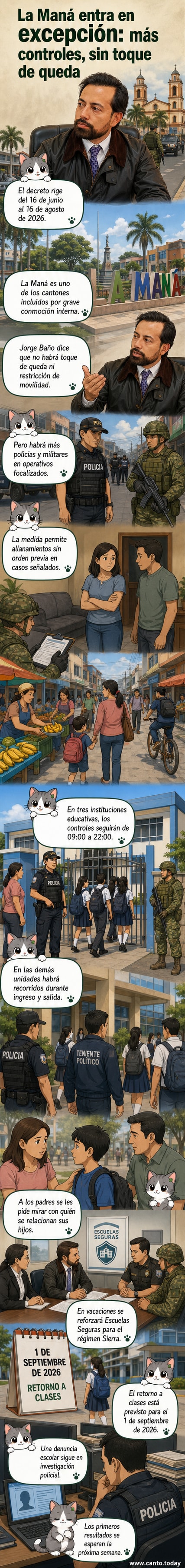 Ilustración de soldados y policías en operativo conjunto en una calle de La Maná, con escuelas visibles al fondo y carteles de alerta de seguridad.