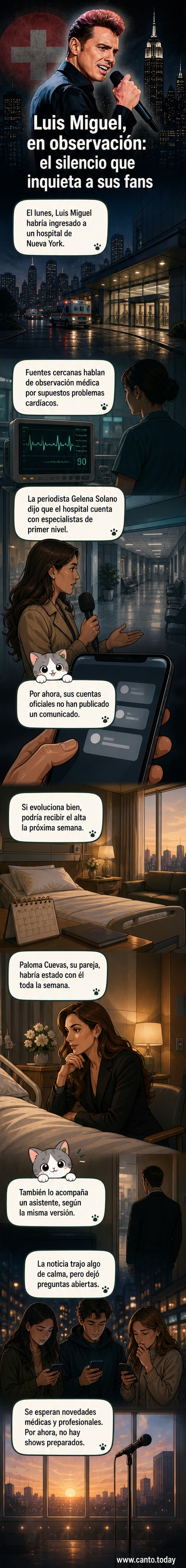 Ilustración de Luis Miguel en una habitación de hospital con Paloma Cuevas a su lado, mirando con preocupación.