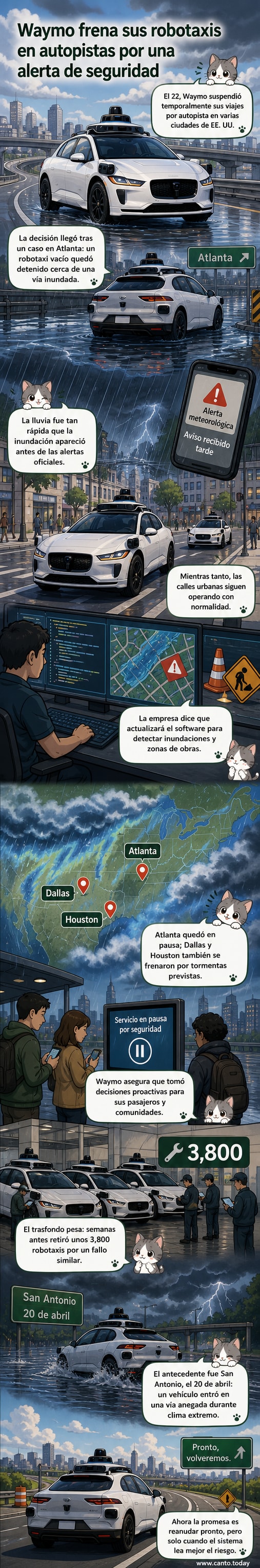Ilustración de un robotaxi Waymo detenido en una autopista inundada, con lluvia intensa y señales de advertencia alrededor.