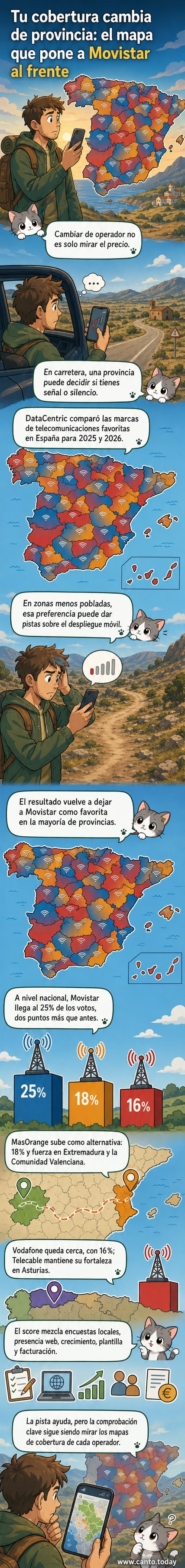 Mapa de España coloreado por provincias, mostrando qué operador móvil es dominante en cada una: Movistar en azul, MasOrange en naranja, Vodafone en rojo y Telecable en verde.