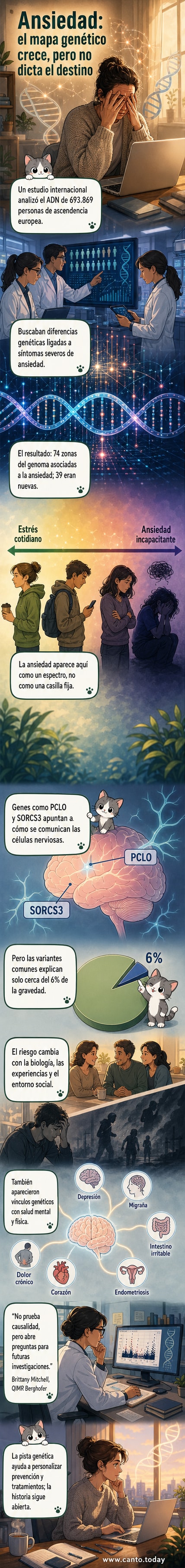 Ilustración de un cerebro con redes genéticas activas, superpuesta sobre un ADN con marcadores de ansiedad destacados