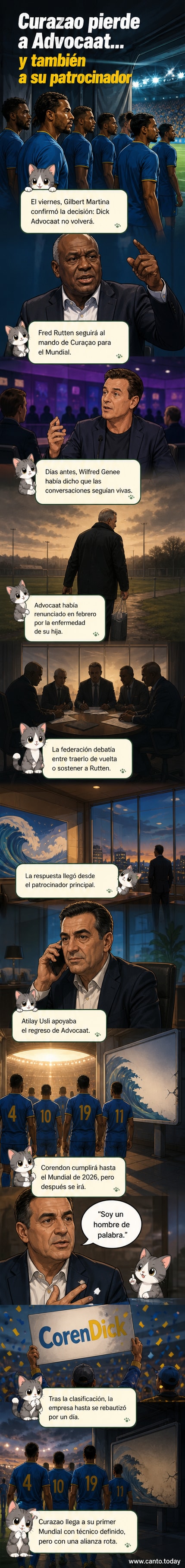 Ilustración de un jugador de Curazao con la mirada fija en el campo, mientras detrás se ven siluetas de banquillo vacío y un logo de patrocinador desvaneciéndose.