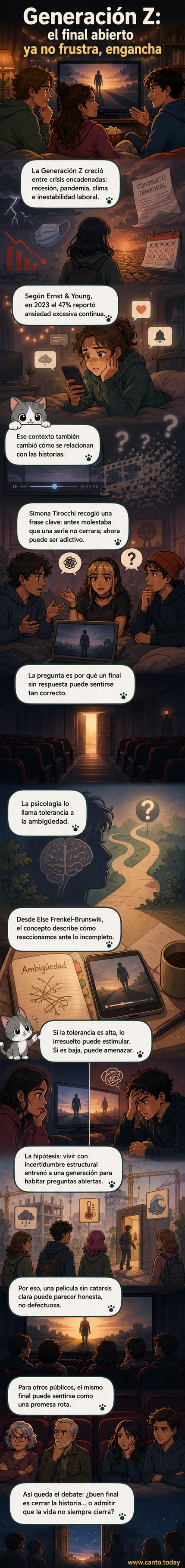 Ilustración de una sala de cine donde una joven de la Generación Z mira una pantalla con un final abierto, mientras escenas de crisis globales flotan en el aire a su alrededor.