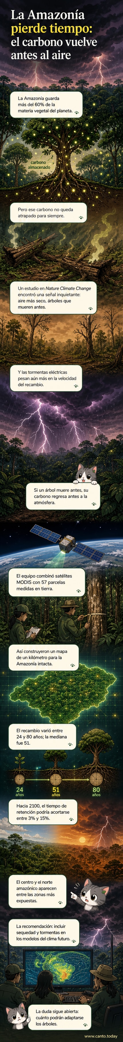 Ilustración de la selva amazónica con árboles cayendo y rayos en el cielo, simbolizando la aceleración en la liberación de carbono por sequías y tormentas eléctricas.