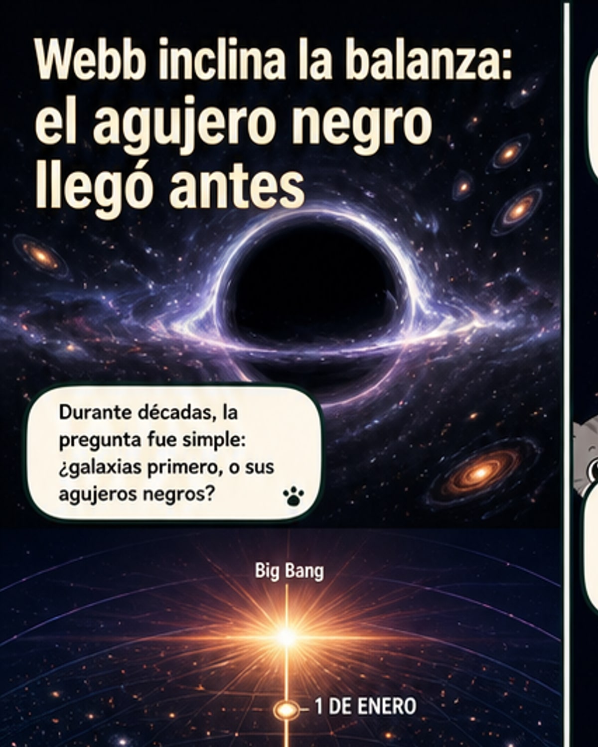 Ilustración artística de una galaxia primitiva con un agujero negro central extremadamente masivo, rodeada de gas y estrellas en formación, vista a través del telescopio James Webb.