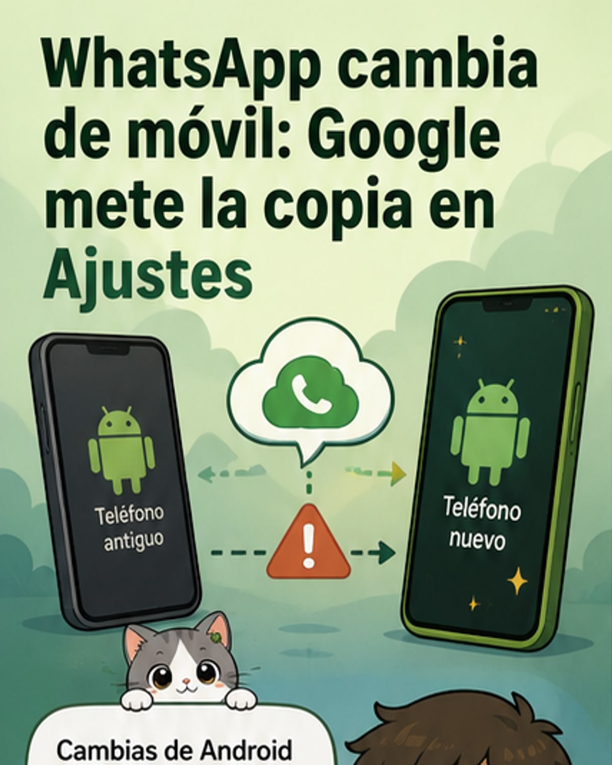 Ilustración de un teléfono Android con una copia de seguridad de WhatsApp moviéndose hacia los ajustes del sistema, con iconos de Google Drive y llave de cifrado.