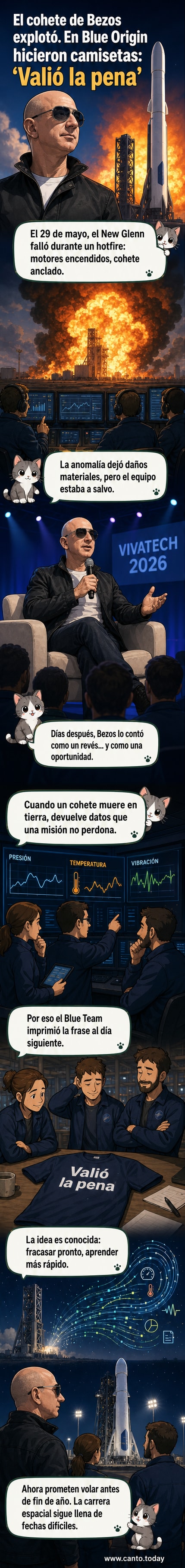 Ilustración de un cohete explotando en una plataforma de pruebas, con empleados de Blue Origin celebrando con camisetas que dicen 'Valió la pena'.