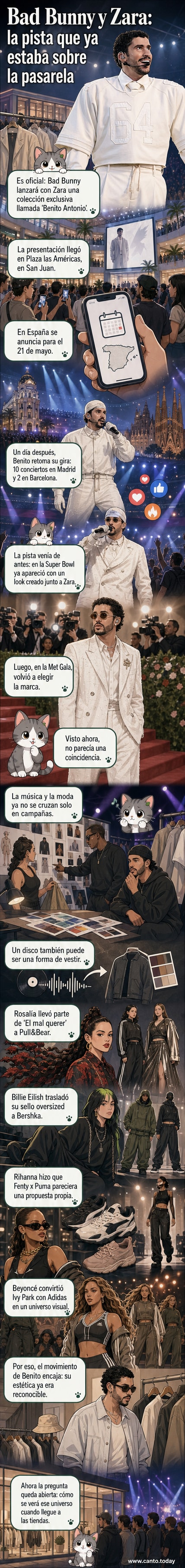 Ilustración de Bad Bunny sobre un fondo urbano con prendas de su colección 'Benito Antonio' para Zara, mezclando estampados vibrantes, chaquetas oversized y detalles de sastrería.