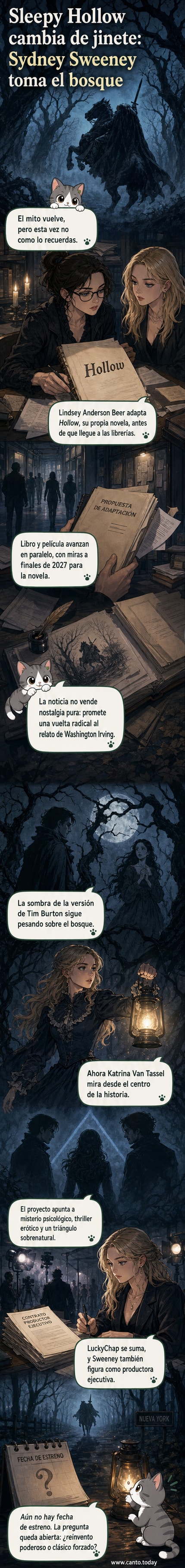 Ilustración estilizada de un bosque gótico neblinoso con una figura femenina misteriosa en primer plano, representando la nueva versión de Katrina Van Tassel en Sleepy Hollow.