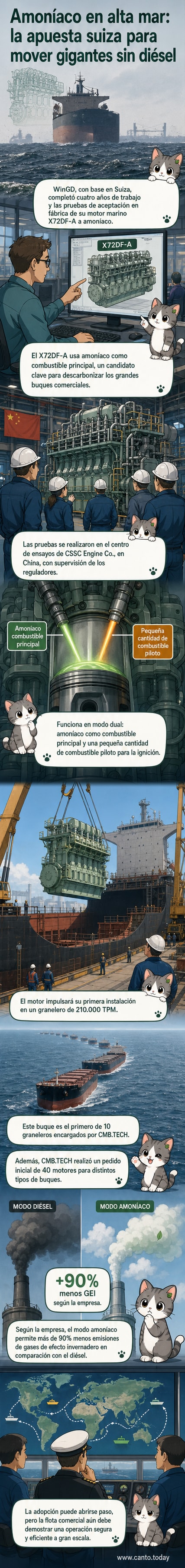 Ilustración de un barco de carga con un motor que emite vapor verde etiquetado como 'amoníaco', navegando sobre un océano limpio con gráficos de reducción de emisiones al fondo.