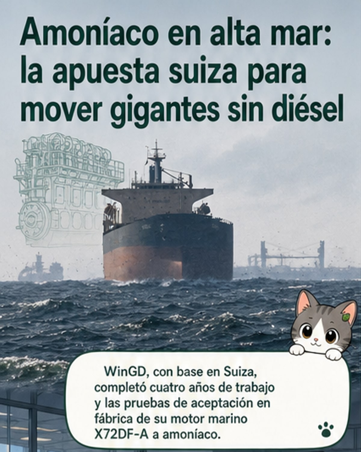 Ilustración de un barco de carga con un motor que emite vapor verde etiquetado como 'amoníaco', navegando sobre un océano limpio con gráficos de reducción de emisiones al fondo.