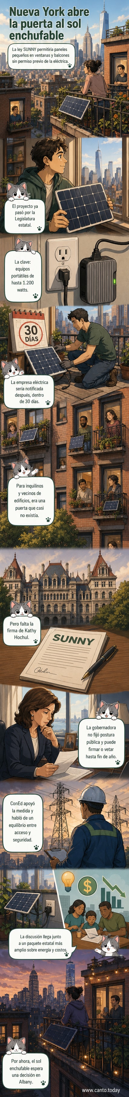 Ilustración de una ventana de apartamento en Nueva York con un pequeño panel solar enchufable conectado a un tomacorriente, con el horizonte de Manhattan al fondo.